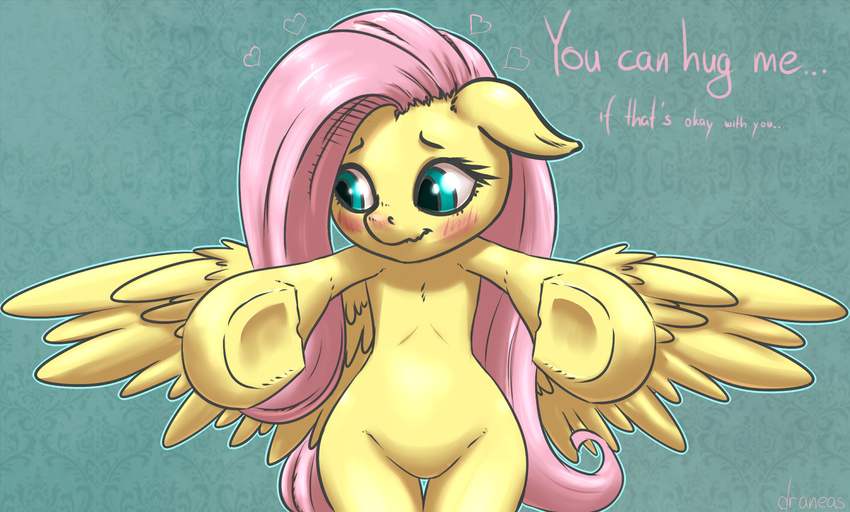 anthro anthrofied blush dialog draneas english_text equine female flat_chested fluttershy_(mlp) friendship_is_magic fur hair hooves horse long_hair looking_away mammal my_little_pony pegasus pink_hair pony solo text wings yellow_fur