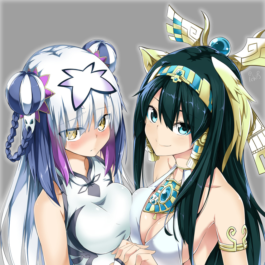 @ichigo armlet asymmetrical_docking bare_shoulders black_hair blue_eyes breast_press breasts chinese_clothes double_bun egyptian hairband haku_(p&amp;d) headdress highres holding_hands interlocked_fingers isis_(p&amp;d) jewelry long_hair multicolored_hair multiple_girls puzzle_&amp;_dragons silver_hair smile yellow_eyes
