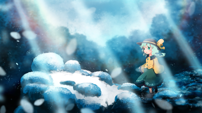 ankle_boots aqua_hair blouse blurry blush boots cloud cloudy_sky depth_of_field facing_away green_eyes hat hat_ribbon highres kana_tako komeiji_koishi long_sleeves outdoors parted_lips path ribbon road rock short_hair skirt sky snow snowing solo touhou walking