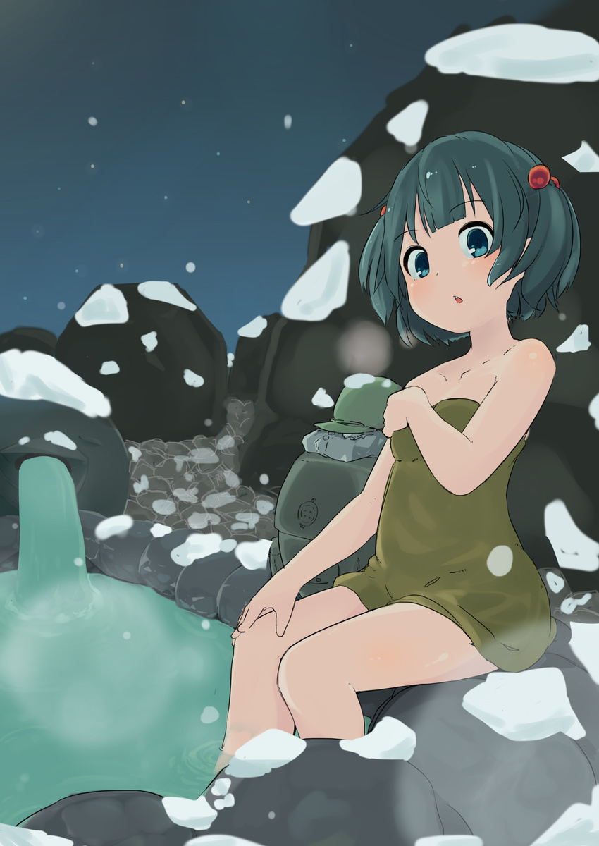 :o absurdres backpack bag bare_legs bare_shoulders blue_eyes blue_hair blush breath collarbone dress hair_bobbles hair_ornament hand_on_own_chest hand_on_own_knee hat hat_removed headwear_removed highres kawashiro_nitori looking_at_viewer naked_towel night omotin onsen open_mouth outdoors shirt short_hair short_twintails sitting snow soaking_feet solo star_(sky) steam touhou towel twintails two_side_up water