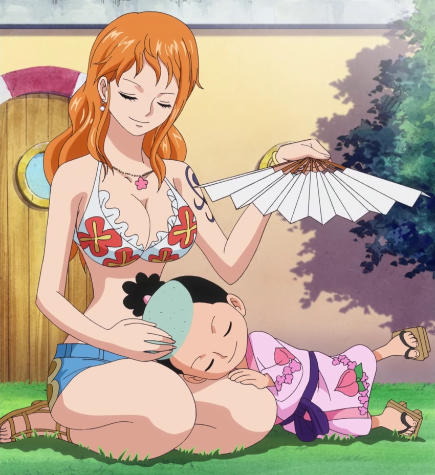 1boy 1girl age_difference bikini_top breasts cleavage dressrosa eyes_closed fan japanese_clothes momonosuke_(one_piece) nami nami_(one_piece) one_piece screencap shorts stitched thousand_sunny