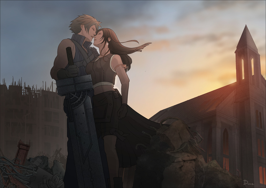 1boy 1girl artist_request black_hair blonde_hair church cloud_strife dune_(duneart) eyes_closed final_fantasy final_fantasy_vii gloves incipient_kiss long_hair outdoors standing sword tifa_lockhart weapon