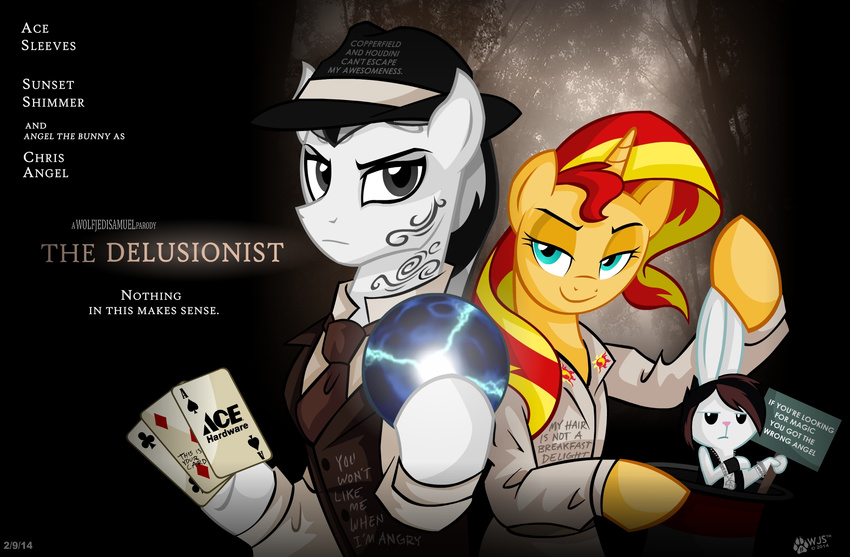 angel_(mlp) badge black_hair blonde_hair blue_eyes bracelet brown_hair card clothing electricity english_text equestria_girls equine friendship_is_magic grey_eyes grey_hair hair hat horn jacket jewelry lagomorph looking_at_viewer mammal my_little_pony necklace necktie orb original_character parody playing_card rabbit red_hair sign suit sunset_shimmer_(eg) tattoo text top_hat trilby_(hat) two_tone_hair unicorn vest wig wolfjedisamuel