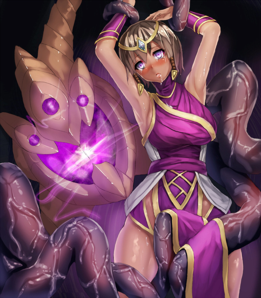 blackegg blush brown_hair drooling empty_eyes facial_mark headband highres karma_(league_of_legends) league_of_legends saliva short_hair tears tentacles vel'koz