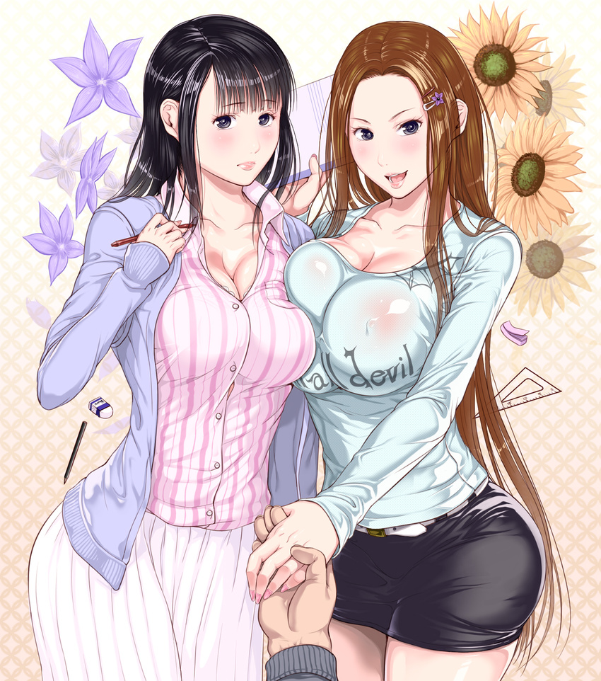 belt black_hair blue_eyes blush breast_press breasts brown_hair cleavage eraser flower hair_ornament hairclip hands_together highres kill_time_communication kurofood large_breasts long_hair looking_at_viewer multiple_girls notebook open_mouth outstretched_arm pen skirt smile sunflower
