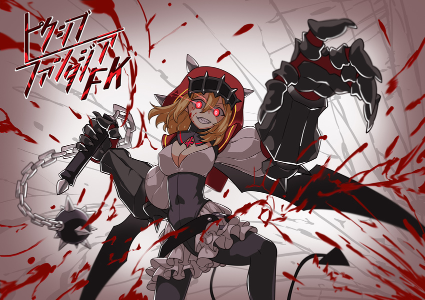 blonde_hair blood bobomaster breasts cleavage commentary demon_girl demon_tail flail gauntlets large_breasts lusabella_grimlet pantyhose pixiv_fantasia pixiv_fantasia_fallen_kings red_eyes solo succubus tail weapon wings