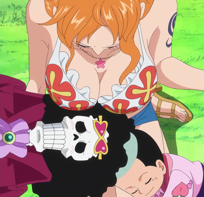 1girl 2boys black_hair blush breasts brook cleavage dressrosa eyes_closed from_above jewelry large_breasts long_hair momonosuke_(one_piece) multiple_boys nami nami_(one_piece) necklace one_piece orange_hair sandals screencap skeleton stitched tattoo thousand_sunny