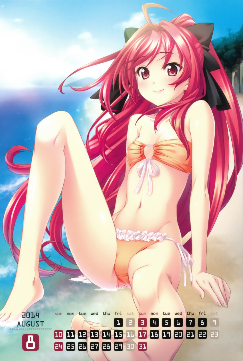 2014 absurdres ahoge arm_support august bandeau barefoot beach bikini breasts calendar_(medium) cleavage corticarte_apa_lagranges feet foreshortening groin hair_intakes highres kannatsuki_noboru leaning_back long_hair navel ocean orange_bikini outdoors ponytail red_eyes red_hair scan shinkyoku_soukai_polyphonica sitting small_breasts smile solo swimsuit very_long_hair water