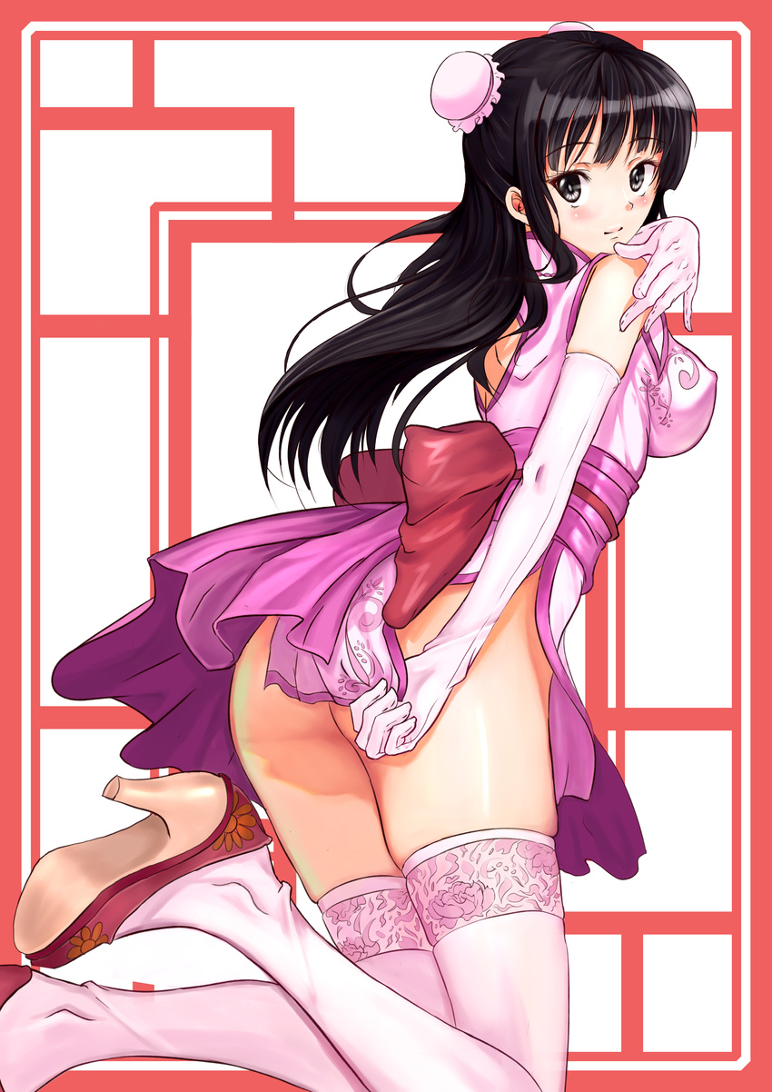 absurdres ass black_hair breasts chinese_clothes covered_nipples covering covering_ass double_bun elbow_gloves gloves highres lace lace-trimmed_thighhighs large_breasts legs long_hair no_panties original pink_legwear skindentation soyokaze thighhighs