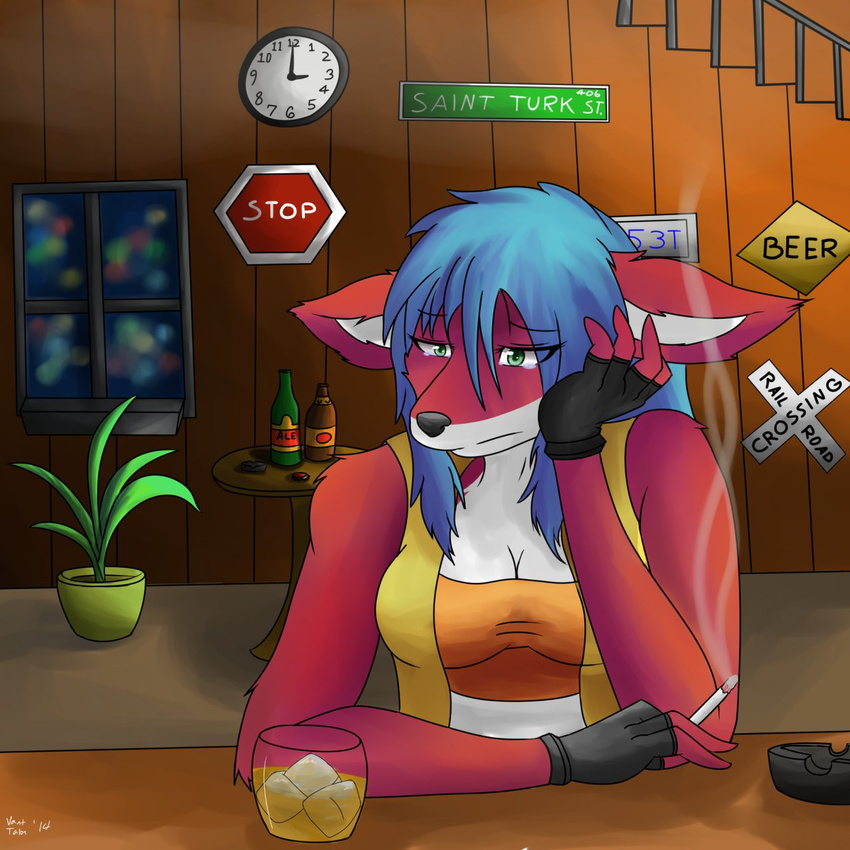 alcohol bar beverage black_nose blue_hair breasts canine cigarette cleavage clothed clothing crying female fingerless_gloves fox gloves green_eyes hair kira_thei mammal smoking solo vant_talon