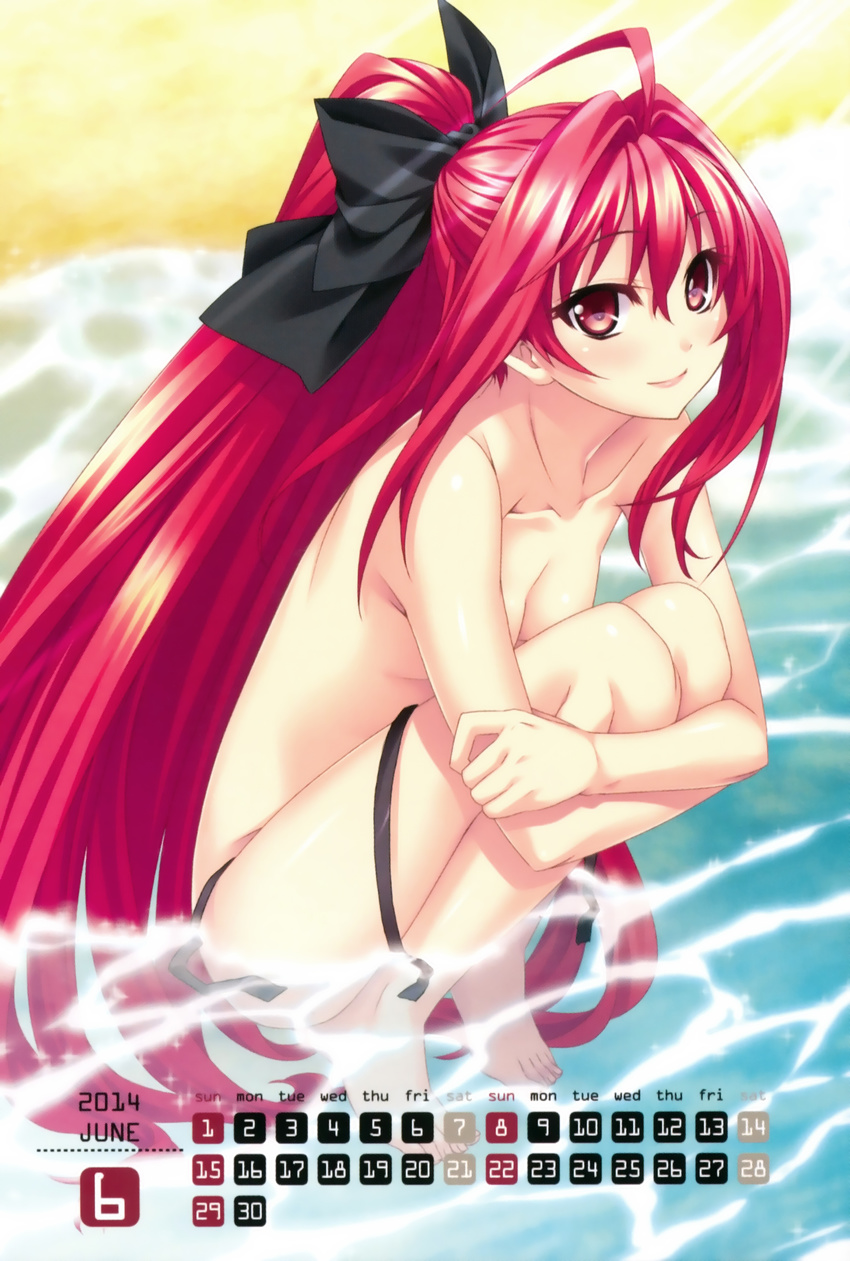 2014 absurdres ahoge barefoot beach bikini black_bikini bow breasts cleavage collarbone corticarte_apa_lagranges hair_bow highres june kannatsuki_noboru knees_to_chest lips long_hair looking_at_viewer ocean outdoors partially_submerged ponytail red_eyes red_hair scan shinkyoku_soukai_polyphonica small_breasts smile solo squatting sunlight swimsuit topless very_long_hair water