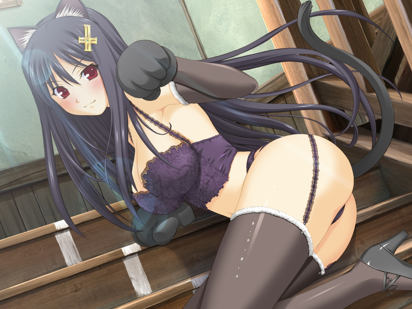 1girl absurdres animal_ears armpit armpits artist_request asakura_naoko black_hair blush breasts buster cat_ears cross elbow_gloves garter_belt garter_straps gloves hair_ornament high_heels highres kono_aozora_ni_yakusoku_wo large_breasts lingerie long_hair mittens naoko_asakura open_mouth red_eyes smile stairs tail thighhighs underwear