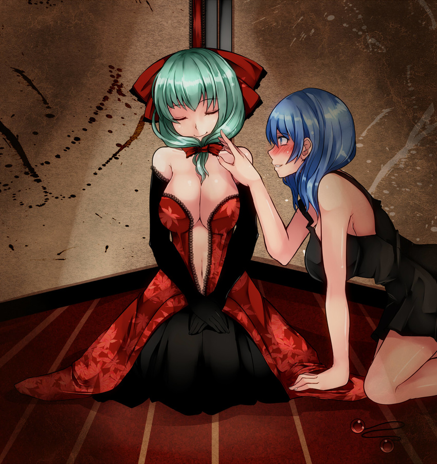 alternate_costume aoshima bare_arms bare_shoulders black_dress black_gloves blue_eyes blue_hair blush bow breasts cleavage closed_eyes dress elbow_gloves front_ponytail gloves green_hair hair_bobbles hair_bow hair_ornament hair_ornament_removed highres kagiyama_hina kawashiro_nitori kneeling large_breasts midriff multiple_girls navel red_dress sitting sleeveless sleeveless_dress smile strapless strapless_dress suicide touhou v_arms
