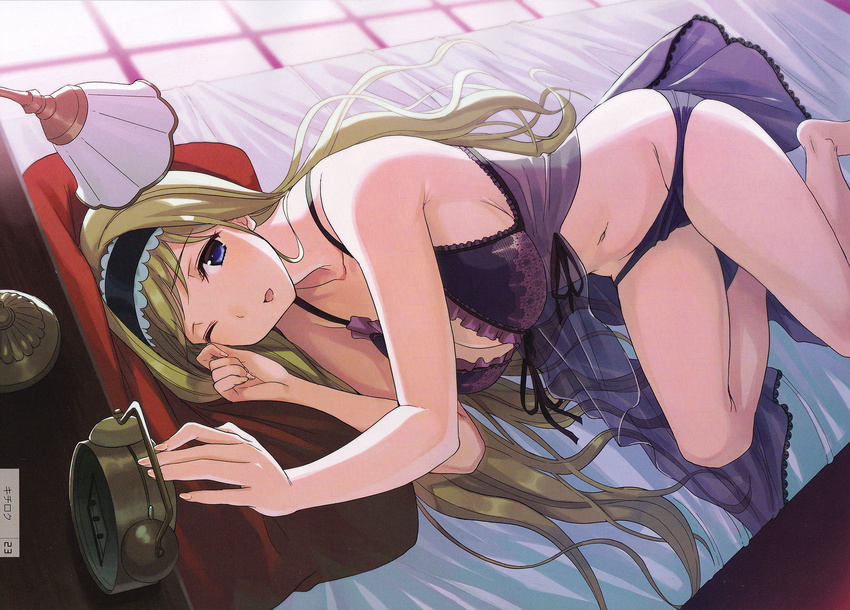 alarm_clock bed blonde_hair blue_eyes blush breasts cecilia_alcott cleavage clock hairband highres infinite_stratos kichiroku lamp large_breasts lingerie long_hair long_legs lying navel non-web_source on_side one_eye_closed open_mouth smile solo underwear