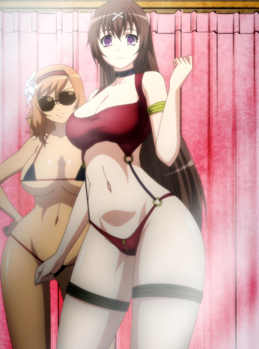 2girls araki_mataemon bikini black_bikini black_bra black_panties bra breasts brown_hair dark_skin highres hyakka_ryouran_samurai_girls large_breasts long_hair micro_bikini multiple_girls orange_hair panties purple_eyes smile standing stitched sunglasses swimsuit tokugawa_sen wide_hips