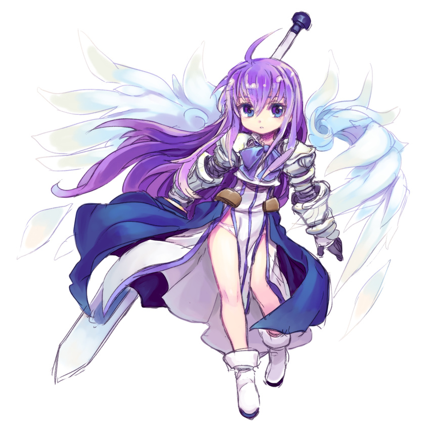 armor aselia_bluespirit boots dress eien_no_aselia eternity_sword_series gauntlets highres long_hair panties polearm purple_eyes purple_hair shigehiro_(hiroi_heya) solo spear underwear weapon wings