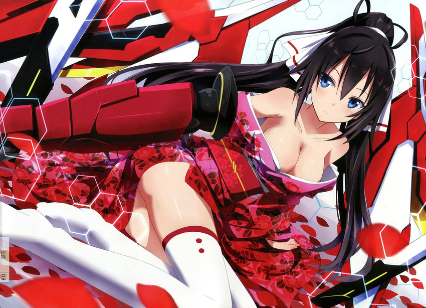 black_hair blue_eyes blush breasts cleavage gochou_(atemonai_heya) hair_ribbon highres infinite_stratos japanese_clothes kimono large_breasts long_hair looking_at_viewer ponytail reclining ribbon shinonono_houki solo thighhighs