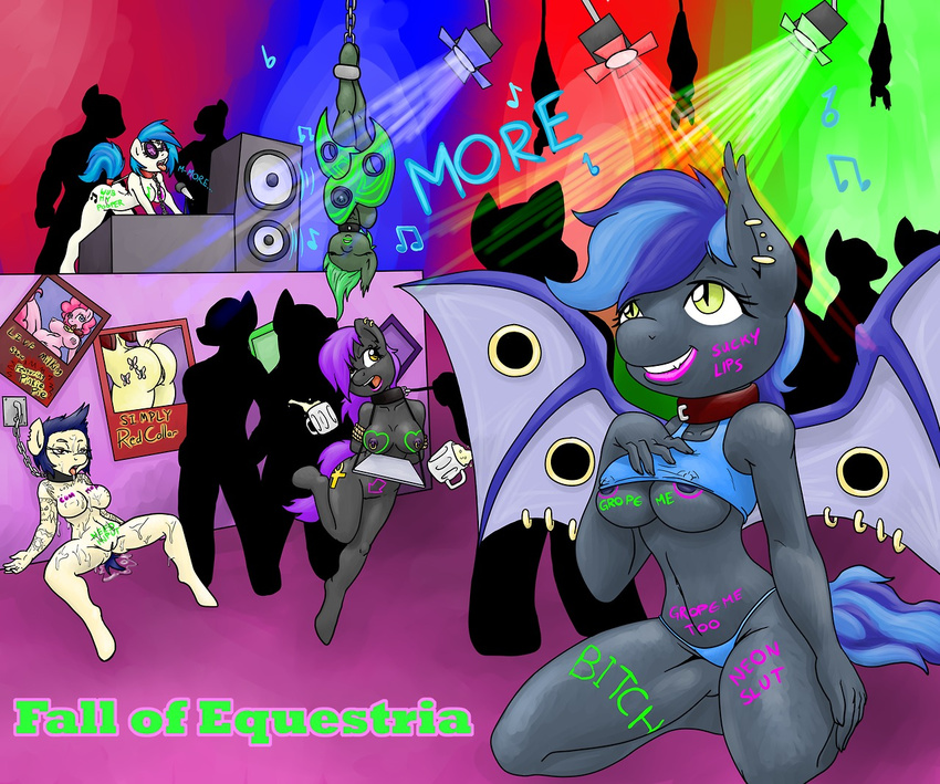 bdsm bent_over body_writing cum cutie_mark dj equine fall_of_equestria female friendship_is_magic horn kneeling male mammal my_little_pony party piercing public public_use rave sex smudge_proof straight unicorn vinyl_scratch_(mlp) wings