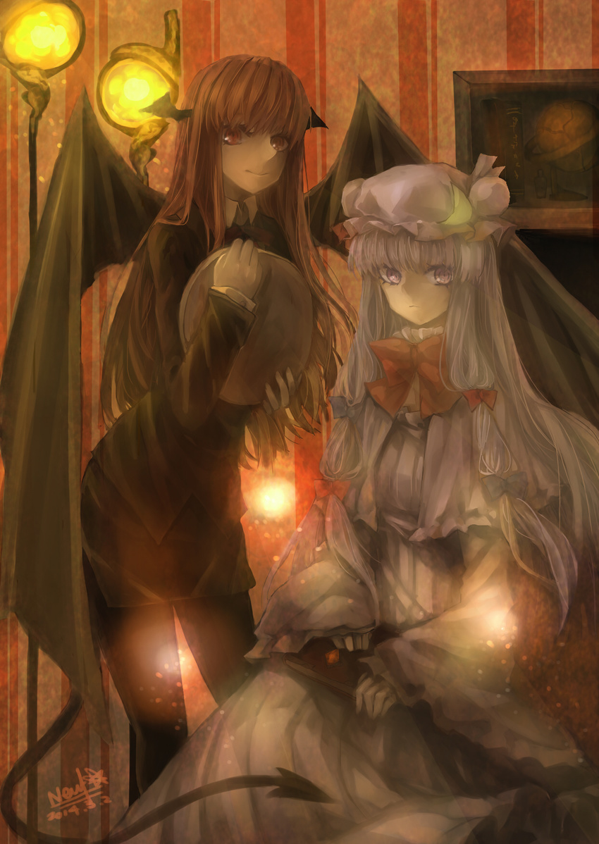 black_legwear book bow crescent crescent_hair_ornament dated demon_tail demon_wings double_bun dress frown globe hair_bow hair_ornament hand_on_lap hat hat_ribbon head_wings highres indoors koakuma lamp leaning_over light_particles light_smile long_hair looking_at_viewer mob_cap multiple_girls neuf object_hug pantyhose patchouli_knowledge purple_eyes purple_hair red_eyes red_hair ribbon robe sidelocks signature sitting skirt striped striped_background striped_dress suit_jacket tail touhou tray very_long_hair wings