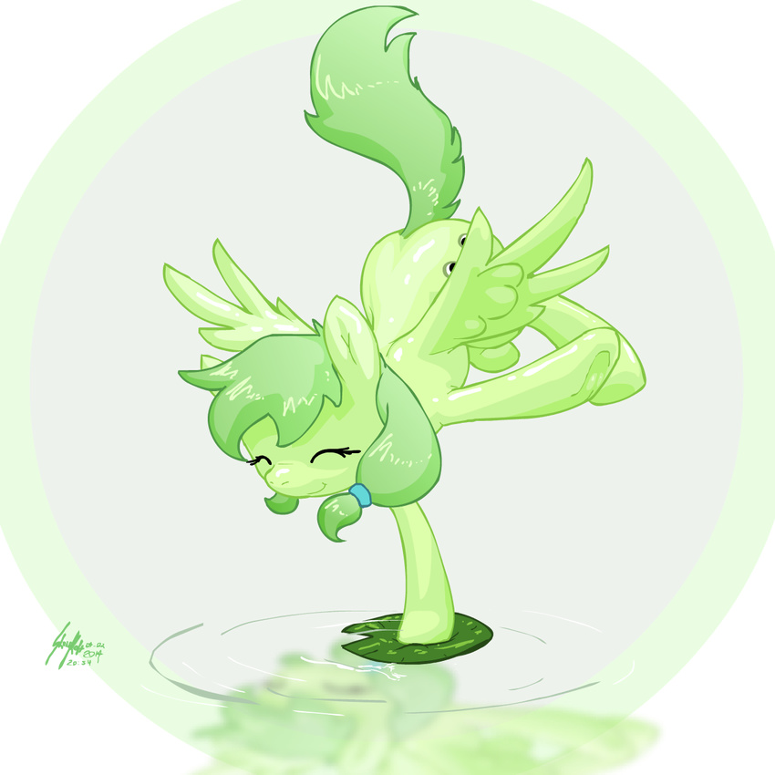 cutie_mark equine eyes_closed female feral fur green_fur green_hair hair happy horse lily_pad mammal my_little_pony original_character pegasus pony shinekolt smile solo wings