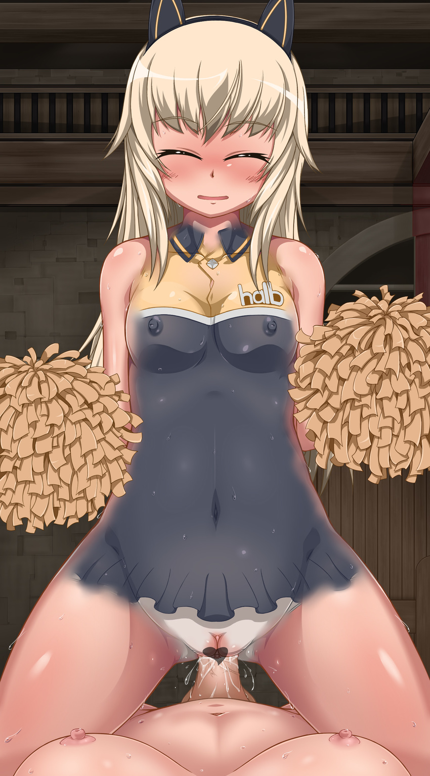 absurdres animal_ears bed blonde_hair blush bodypaint breasts censored cheerleader closed_eyes covered_nipples dildo futanari girl_on_top heart heart_censor helma_lennartz highres long_hair lying medium_breasts monizumi_ishikawa multiple_girls navel nipples nude on_back open_mouth penis pointless_censoring pom_poms pussy pussy_juice see-through sex solo_focus straddling strike_witches sweat vaginal world_witches_series