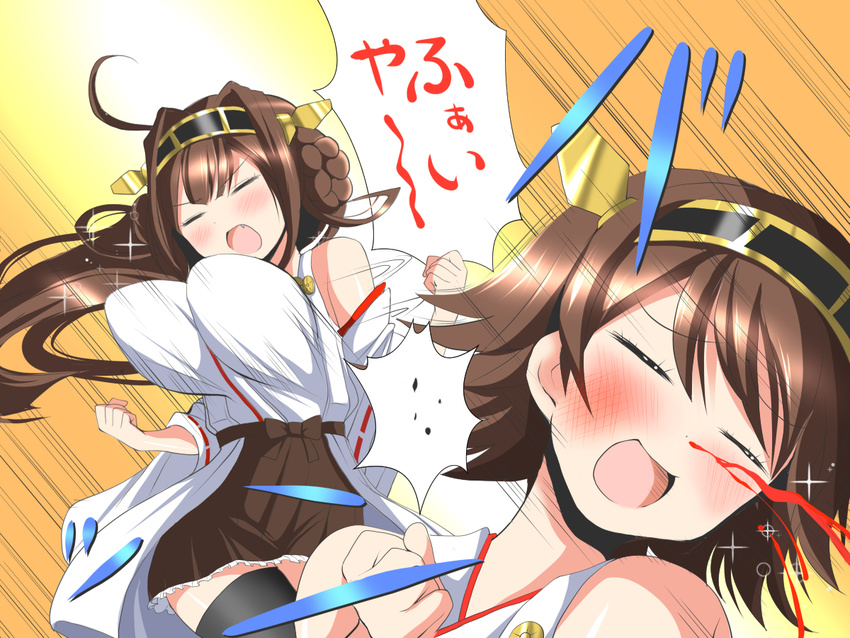 bare_shoulders blood boots breast_slap breasts brown_hair closed_eyes deego_(omochi_bazooka) detached_sleeves fang hairband headgear hiei_(kantai_collection) japanese_clothes kantai_collection kongou_(kantai_collection) large_breasts long_hair miniskirt multiple_girls nontraditional_miko nosebleed open_mouth short_hair skirt smile thigh_boots thighhighs translated