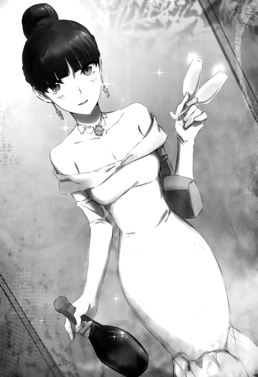 bag bangs bare_shoulders blunt_bangs blush bottle dress dutch_angle earrings elbow_gloves glass gloves greyscale hair_bun handbag highres ishida_kana jewelry lips mahouka_koukou_no_rettousei makeup monochrome official_art scan shiba_miyuki smile solo sparkle