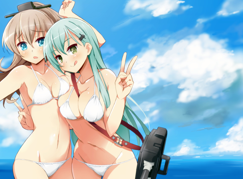 9law :q alternate_costume bare_shoulders between_breasts bikini blue_eyes blush breasts brown_hair cameltoe cleavage day double_v green_eyes green_hair hair_ornament hairclip kantai_collection kumano_(kantai_collection) large_breasts long_hair looking_at_viewer multiple_girls navel ponytail shiny shiny_skin smile strap_cleavage suzuya_(kantai_collection) swimsuit thigh_gap tongue tongue_out v white_bikini