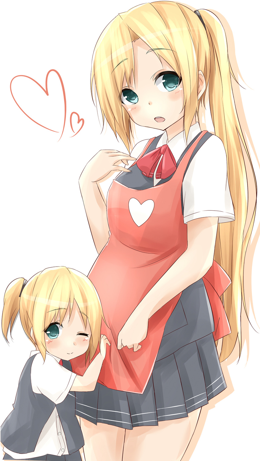 absurdres apron blonde_hair blue_eyes blush commentary head_on_another's_stomach heart highres if_they_mated kantai_collection long_hair looking_at_viewer maikaze_(kantai_collection) mother_and_daughter multiple_girls older one_eye_closed pregnant saku_(kudrove) short_hair simple_background skirt smile very_long_hair vest white_background younger
