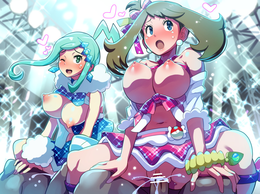 2boys 2girls blue_eyes blue_hair blush boris_(noborhys) bouncing_breasts bow breasts brown_hair choker clothed_sex creatures_(company) cum cum_in_pussy earrings fur_collar game_freak green_eyes group_sex hair_ribbion haruka_(pokemon) haruka_(pokemon_oras) heart idol jewelry large_breasts long_hair lucia_(pokemon) midriff multiple_boys multiple_girls nintendo nipples one_eye_closed open_mouth penis poke_ball pokemon pokemon_(game) pokemon_oras pussy reverse_cowgirl_position ribbon sex sidelocks skirt sparkle stage straddling sweat vaginal