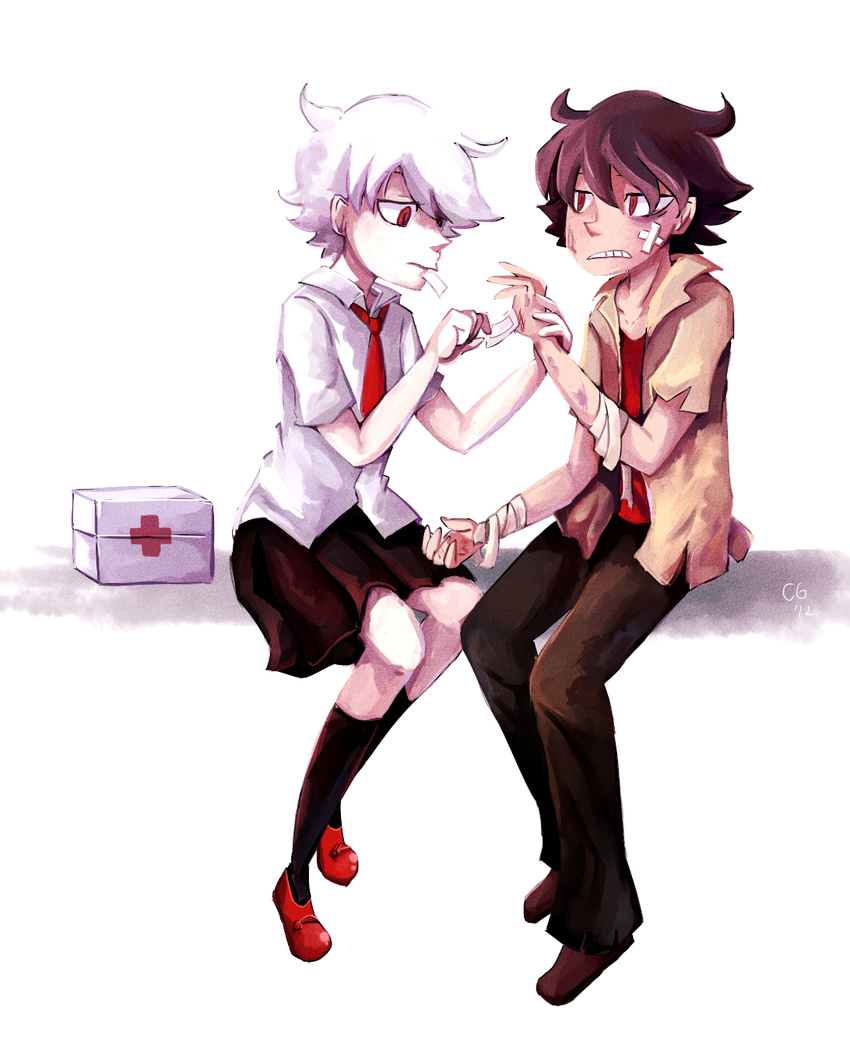 1boy 1girl bandages bandaid first_aid first_aid_kit full_body highres injury mouth_hold necktie night_(nightmargin) red_eyes sabitsuki school_uniform short_hair short_sleeves sitting skirt smile_(.flow) white_hair