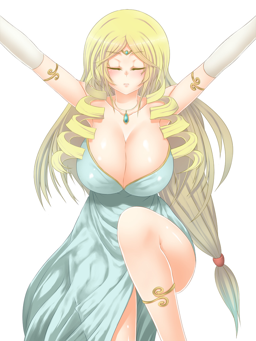 blonde_hair blue_dress blush breasts ceres_(uncraft_me!) cleavage dress eyes_closed female hair_ornament uncraft_me!