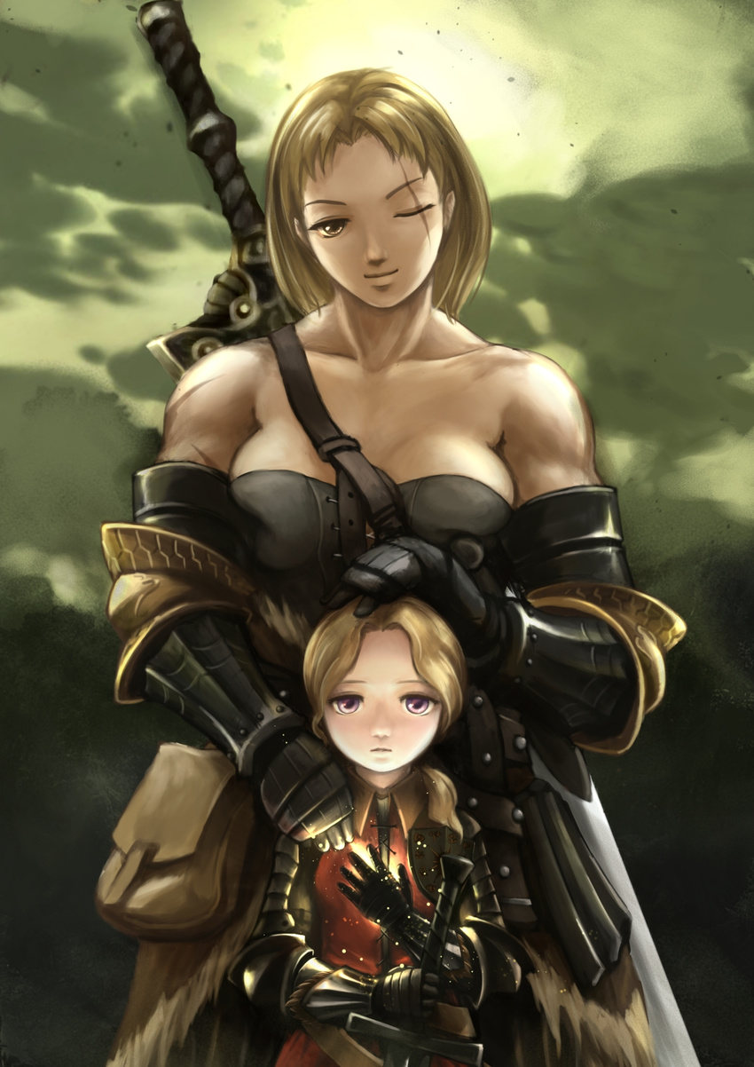 1girl arisen_(dragon's_dogma) armor bare_shoulders blonde_hair breasts collarbone commentary_request corset dragon's_dogma elbow_gloves gauntlets gloves hand_on_another's_head height_difference highres huge_weapon large_breasts one-eyed over_shoulder pawn_(dragon's_dogma) planted_sword planted_weapon purple_eyes scar short_hair smile sword sword_over_shoulder tie_baihe weapon weapon_over_shoulder yellow_eyes