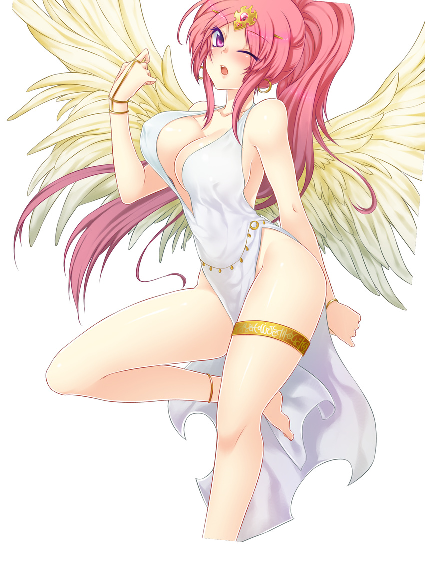 angel_wings blush breasts cleavage eos_(uncraft_me!) female hair_ornament pink_eyes pink_hair uncraft_me! wings wink