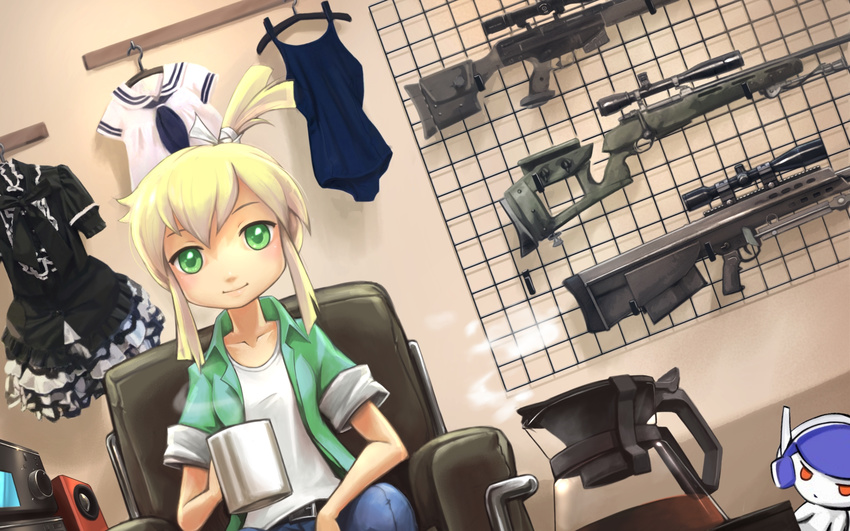 armory black_dress blonde_hair clothes_hanger coffee coffee_pot cup dress dutch_angle gun hair_ribbon highres iris_(material_sniper) material_sniper mug music_equipment one-piece_swimsuit pokky psg-1 ribbon rifle school_uniform scope serafuku short_hair sleeves_rolled_up smile sniper_rifle solo speaker steam swimsuit tie_baihe topknot weapon weapon_rack