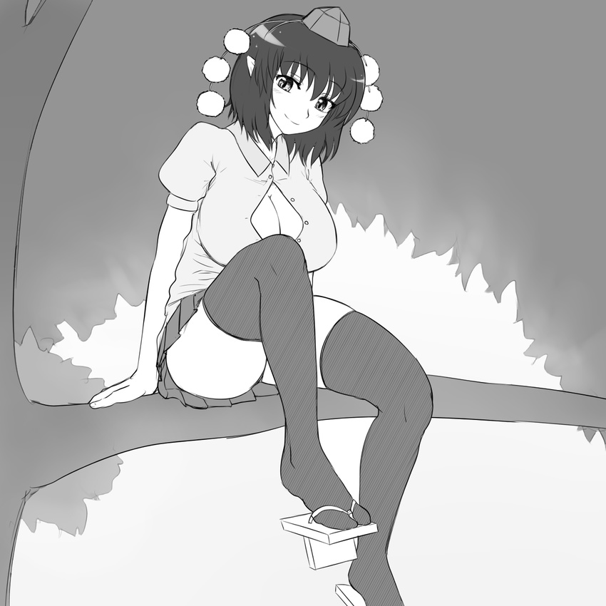 breasts cleavage geta greyscale hat head_tilt highres in_tree jadf large_breasts looking_at_viewer monochrome pleated_skirt pointy_ears shameimaru_aya short_hair sitting sitting_in_tree skirt smile solo tengu-geta thighhighs tokin_hat touhou tree unbuttoned undersized_clothes