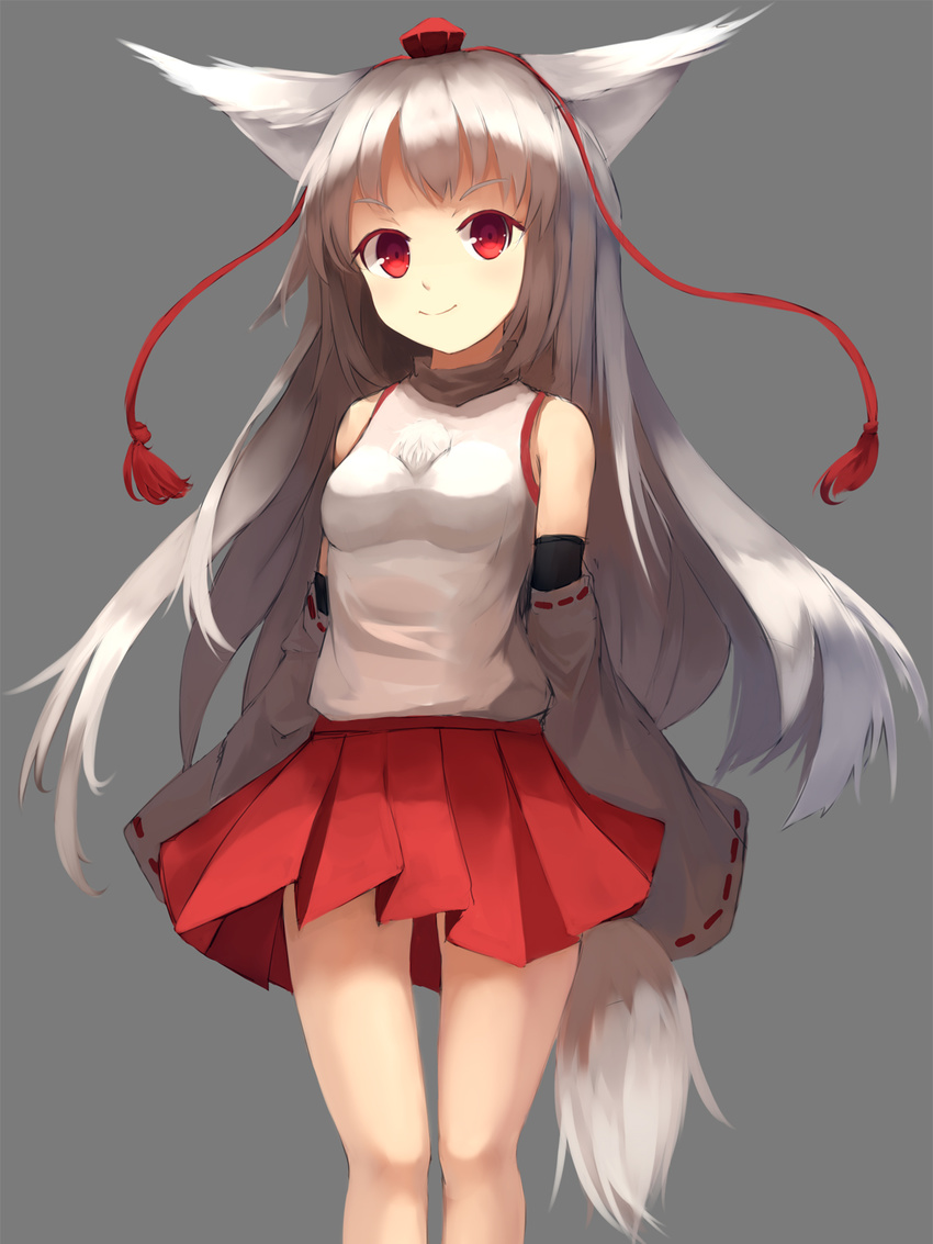 alternate_hair_length alternate_hairstyle animal_ears bow breasts detached_sleeves grey_background hat highres inubashiri_momiji long_hair looking_at_viewer medium_breasts pleated_skirt pointy_ears pom_pom_(clothes) red_eyes red_skirt shone silver_hair simple_background skirt smile solo standing tail tokin_hat touhou wolf_ears wolf_tail