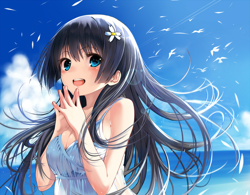 :d bird black_hair blue_eyes blush breasts cleavage dress flower hair_flower hair_ornament kawakami_masaki long_hair medium_breasts ocean open_mouth saten_ruiko smile solo steepled_fingers to_aru_kagaku_no_railgun to_aru_majutsu_no_index