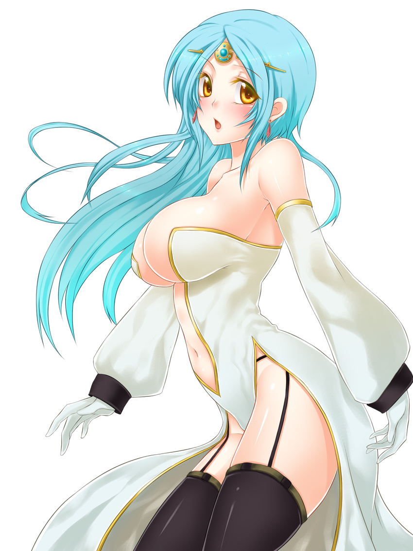 1girl blue_hair blush breasts cleavage detached_sleeves female frea_(uncraft_me!) hair_ornament large_breasts long_hair solo uncraft_me! yellow_eyes