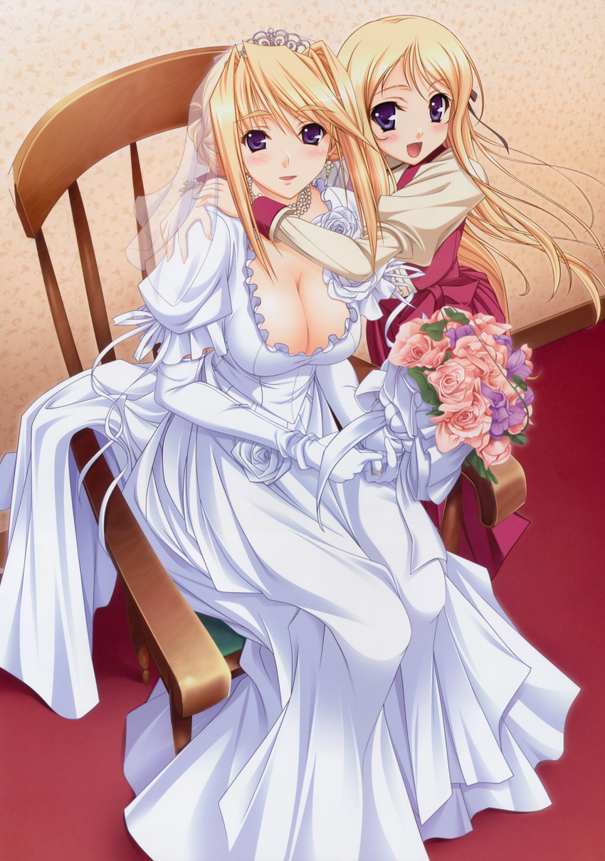 :d absurdres age_difference bangs blonde_hair blue_eyes blush bouquet bow breasts bridal_veil chair cleavage dress earrings elbow_gloves eyebrows flower frills from_above gloves hair_bun hair_ribbon hand_on_another's_shoulder happy highres holding hug indoors jewelry komori_kei large_breasts long_hair long_sleeves looking_at_viewer maria_van_hossen multiple_girls necklace official_art open_mouth pearl_necklace pink_flower pink_rose princess_lover puffy_short_sleeves puffy_sleeves ribbon rose see-through short_hair short_sleeves siblings silvia_van_hossen sisters sitting sleeve_cuffs smile standing thick_eyebrows tiara veil very_long_hair wedding_dress white_flower white_gloves white_rose