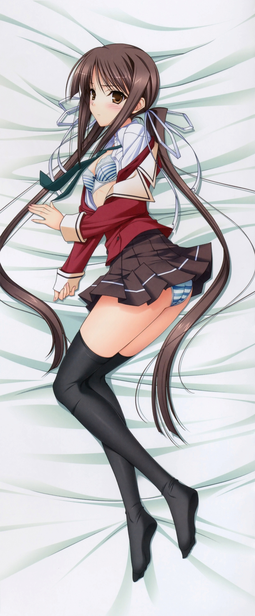 absurdres black_legwear blue_bra blue_panties bra breasts brown_eyes brown_hair dakimakura full_body highres houjouin_seika komori_kei legs long_sleeves open_clothes open_shirt panties princess_lover school_uniform shirt skirt skirt_lift small_breasts solo striped striped_bra striped_panties thighhighs twintails underwear