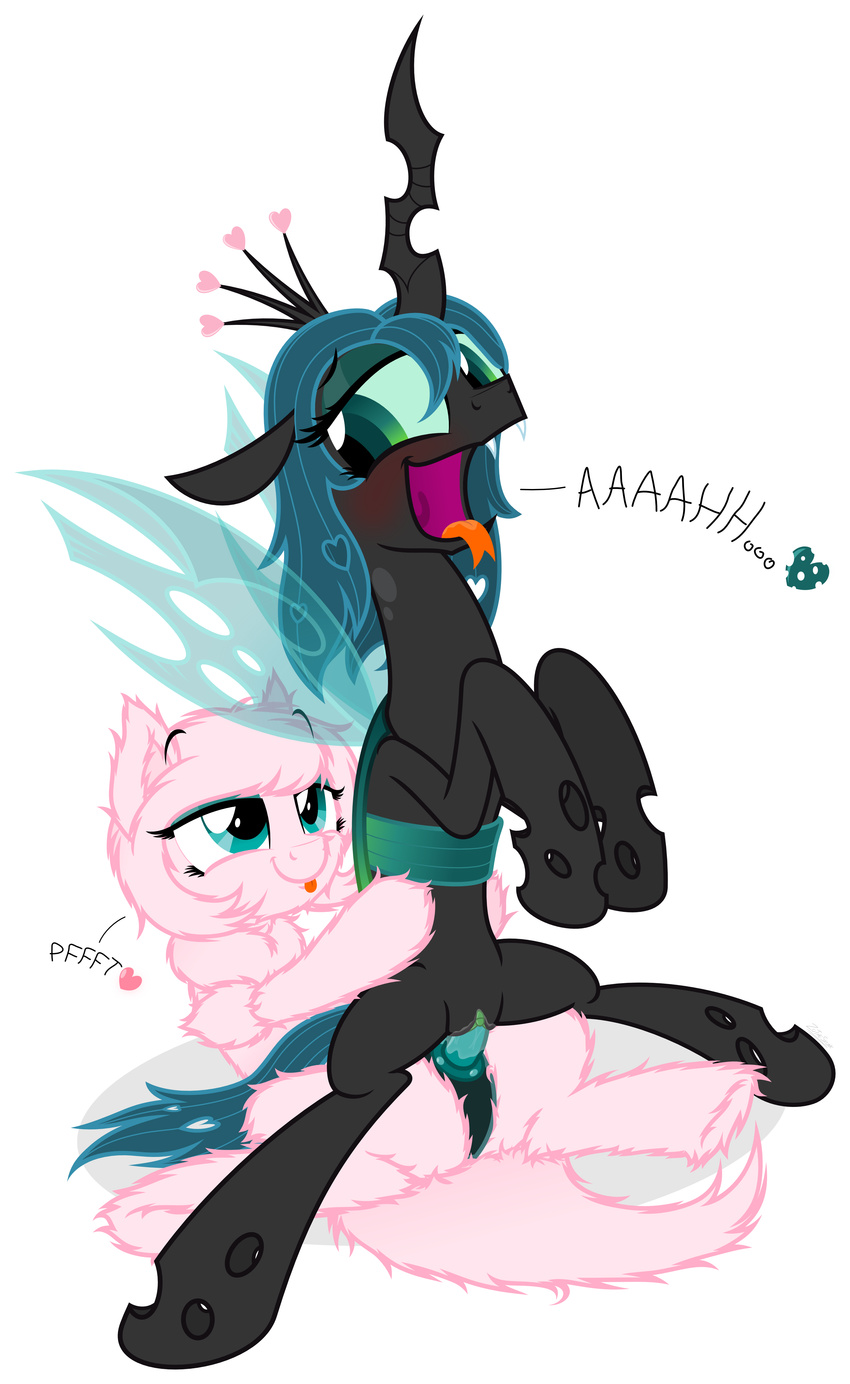 absurd_res blue_eyes blue_hair blush changeling cutie_mark dildo english_text equine female feral fluffle_puff friendship_is_magic fur green_eyes hair hi_res horn horse lesbian mammal my_little_pony nude open_mouth penetration plain_background pony pussy pussy_juice queen_chrysalis_(mlp) sex sex_toy smile spread_legs spreading strapon text tongue tongue_out vaginal vaginal_penetration wings zutheskunk