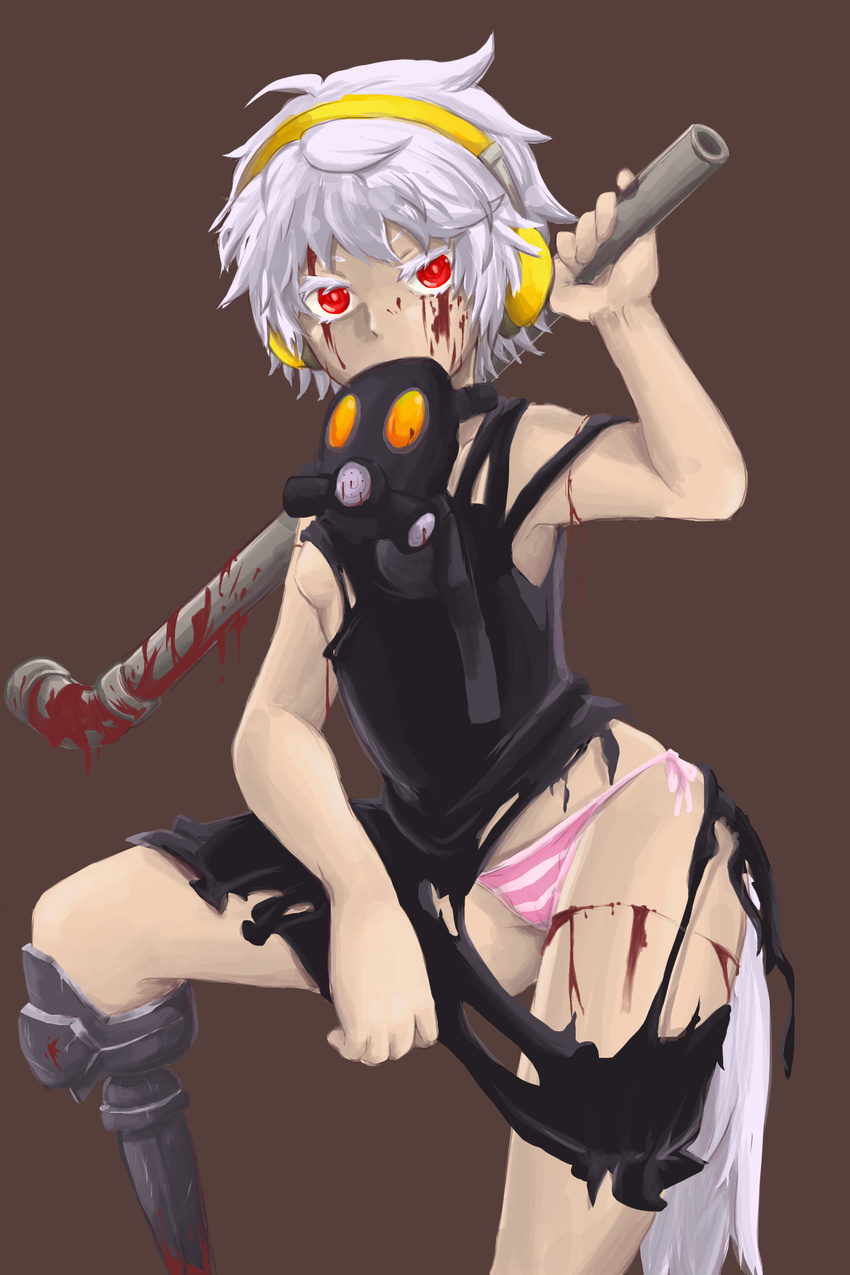1girl amputee arm_support bad_id bad_pixiv_id blood breasts gas_mask headphones highres mouth_hold panties prosthesis red_eyes sabitsuki short_hair side-tie_panties small_breasts solo striped striped_panties torn_clothes underwear white_hair
