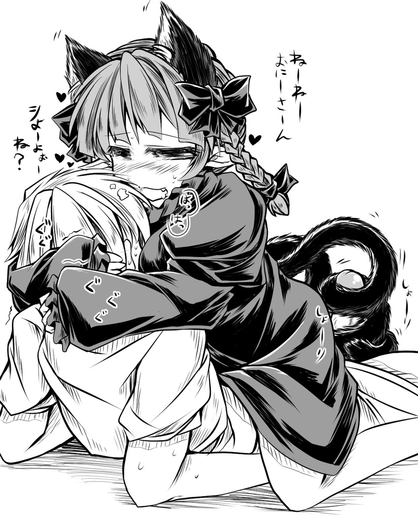 1girl animal_ears assertive bow braid cat_ears cat_tail fang girl_on_top greyscale hair_bow heart highres kaenbyou_rin monochrome multiple_tails mumumu open_mouth penis tail tailjob touhou translation_request