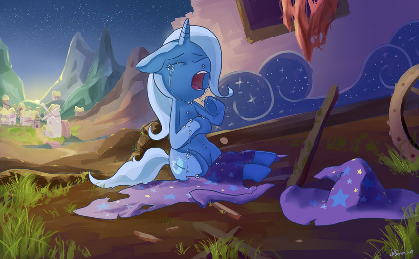 blue_fur blue_hair building crying equine female feral friendship_is_magic fur grass hair hat horn horse kuang-han mammal my_little_pony outside pony sitting solo tears trixie_(mlp) two_tone_hair unicorn wizard_hat