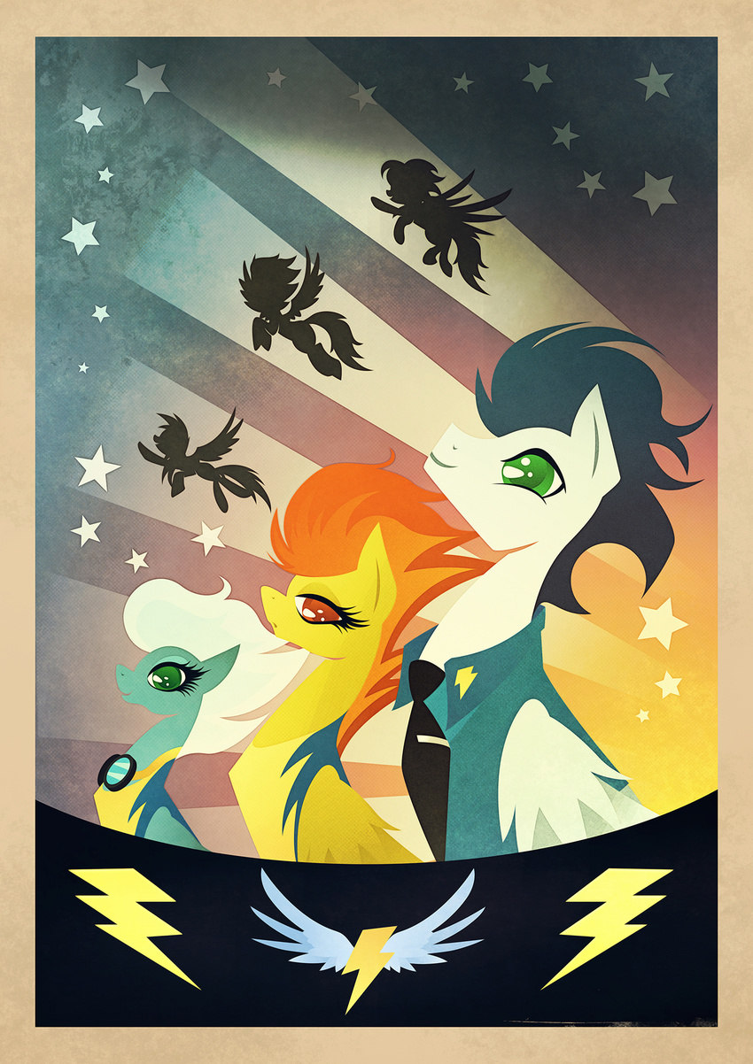 badge blue_hair brown_eyes equine eyewear female fleetfoot_(mlp) friendship_is_magic goggles green_eyes group hair hi_res horse male mammal my_little_pony necktie orange_hair pegasus pony poster rariedash skinsuit soarin_(mlp) spitfire_(mlp) stars two_tone_hair uniform white_hair wings wonderbolts_(mlp)