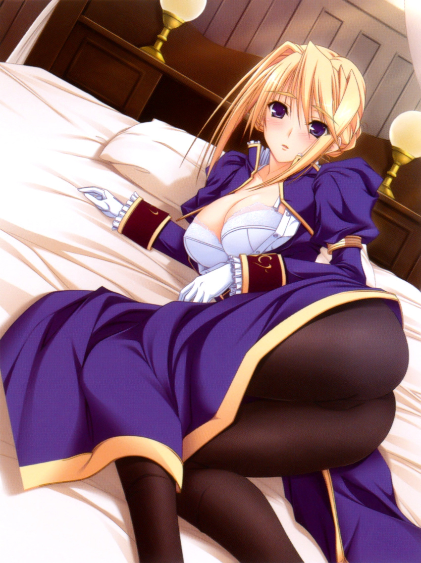 armlet ass bangs bed blonde_hair blush bra breasts buttons cleavage dress dutch_angle frills gloves hair_between_eyes hair_bun half-dress high_collar highres indoors komori_kei lace lace-trimmed_bra lamp large_breasts lingerie long_sleeves looking_at_viewer lying on_side open_clothes open_dress parted_lips pillow princess_lover puffy_long_sleeves puffy_sleeves purple_eyes short_hair sidelocks silvia_van_hossen sleeve_cuffs solo spandex unbuttoned underwear uniform white_bra white_gloves