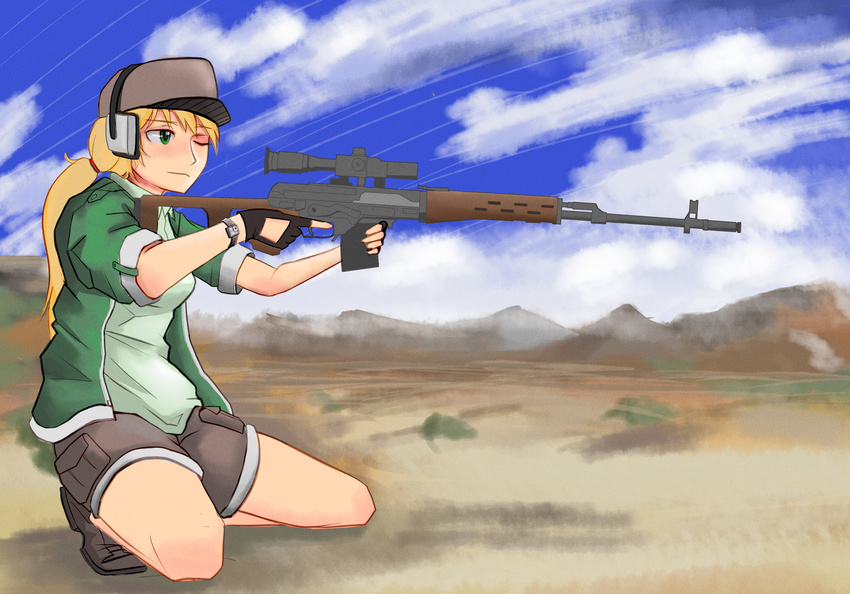 aiming baseball_cap blonde_hair breasts cloud day ear_protection fingerless_gloves gloves green_eyes gun hat highres iris_(material_sniper) jacket kneeling long_hair material_sniper monoelain one_eye_closed ponytail rifle scope shorts sky sleeves_rolled_up small_breasts sniper_rifle trigger_discipline weapon