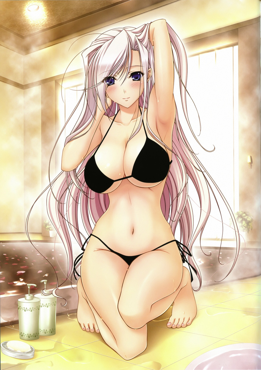 1girl armpits bangs barefoot bath bikini black_bikini blue_eyes breasts charlotte_hazellink cleavage collarbone eyes_visible_through_hair feet hair_over_one_eye halterneck highres huge_filesize kneeling komori_kei large_breasts lavender_hair long_hair looking_at_viewer navel princess_lover side-tie_bikini swimsuit toes wet