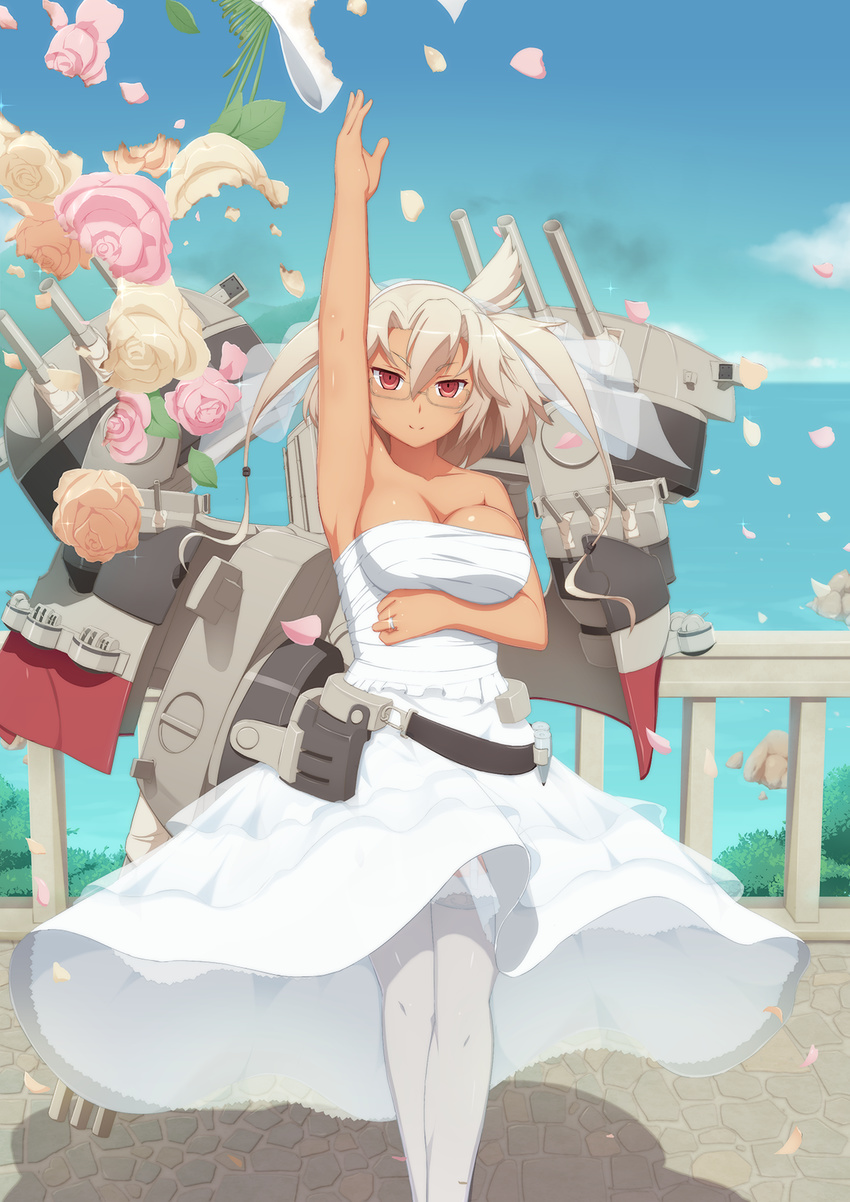 alternate_costume arm_up armpits bare_shoulders blonde_hair bouquet breasts dark_skin dress flower glasses highres jewelry kantai_collection large_breasts looking_at_viewer musashi_(kantai_collection) pointy_hair red_eyes ring sarashi smile solo tachimi_(basue) thighhighs two_side_up wedding_band wedding_dress white_legwear